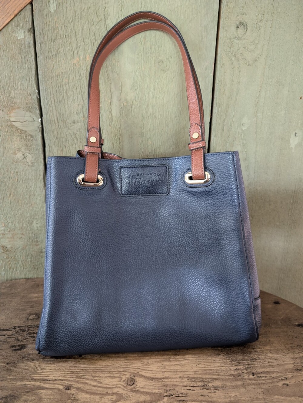 G.H. Bass & Co. Navy Pebbled Tote with Brown Handles